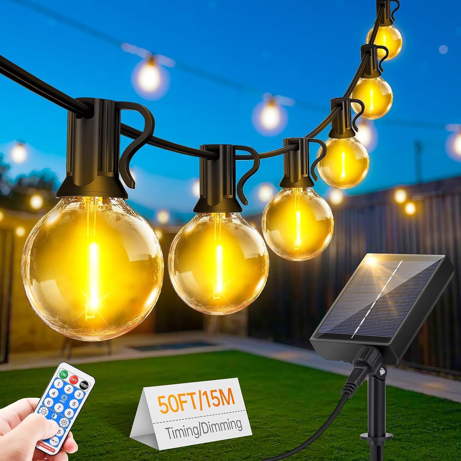 Guirlande Solaire LED Extérieure 15M – 21 Ampoules avec Télécommande, 8 Modes, IP44 Étanche – Lumière Décorative pour Jardin, Terrasse, Balcon, Mariage
