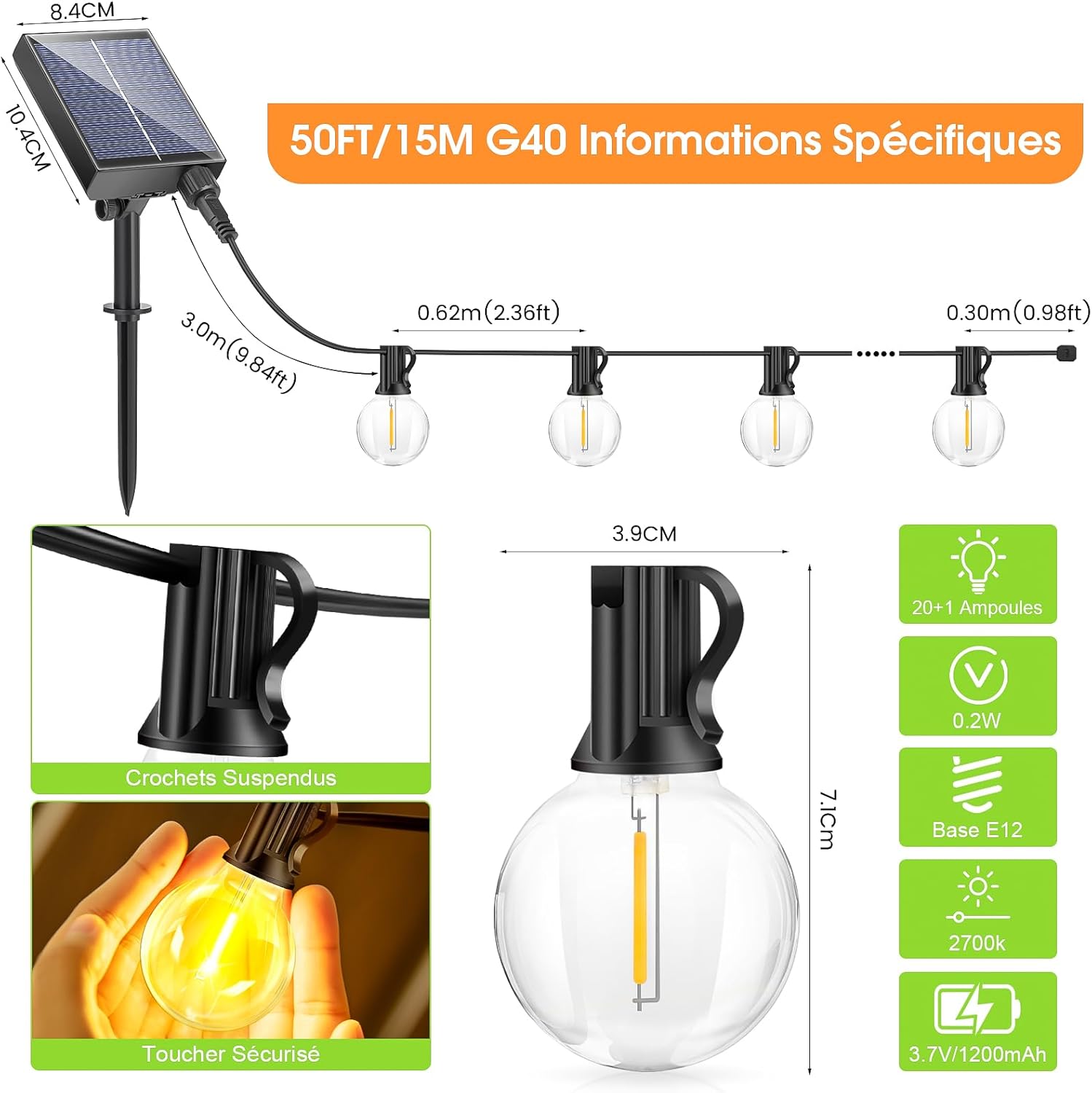 Guirlande Solaire LED Extérieure 15M – 21 Ampoules avec Télécommande, 8 Modes, IP44 Étanche – Lumière Décorative pour Jardin, Terrasse, Balcon, Mariage