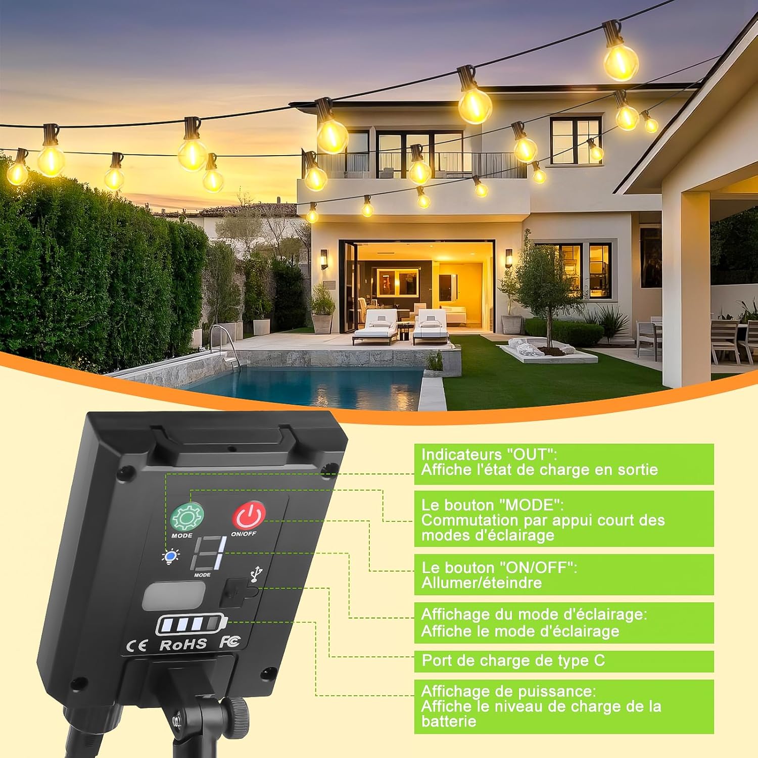 Guirlande Solaire LED Extérieure 15M – 21 Ampoules avec Télécommande, 8 Modes, IP44 Étanche – Lumière Décorative pour Jardin, Terrasse, Balcon, Mariage