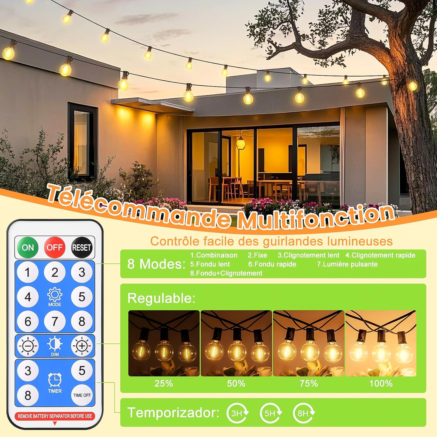 Guirlande Solaire LED Extérieure 15M – 21 Ampoules avec Télécommande, 8 Modes, IP44 Étanche – Lumière Décorative pour Jardin, Terrasse, Balcon, Mariage